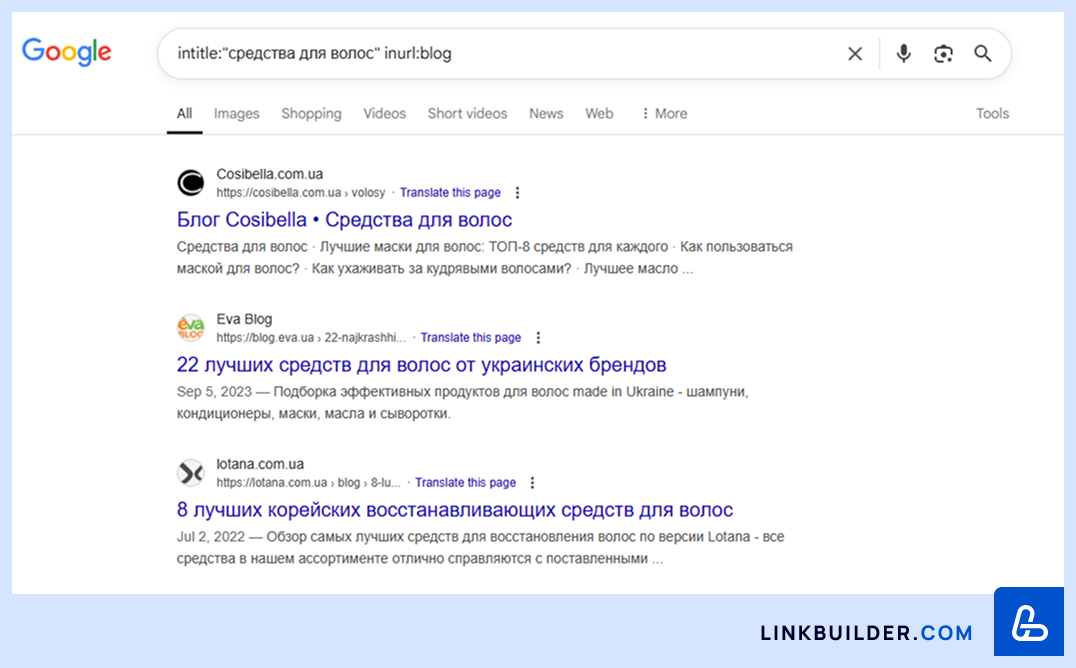 поиск с помощью Google-оператора: «intitle:+url»